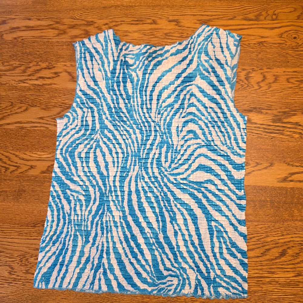 Vintage Plisse M Stretch Teal Animal Zebra Crepe Crinkle Textured Tank 90s Y2K - Picture 8 of 9